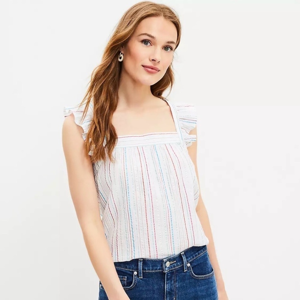 LOFT Shimmer Striped Ruffle Square Neck Top Sz. M